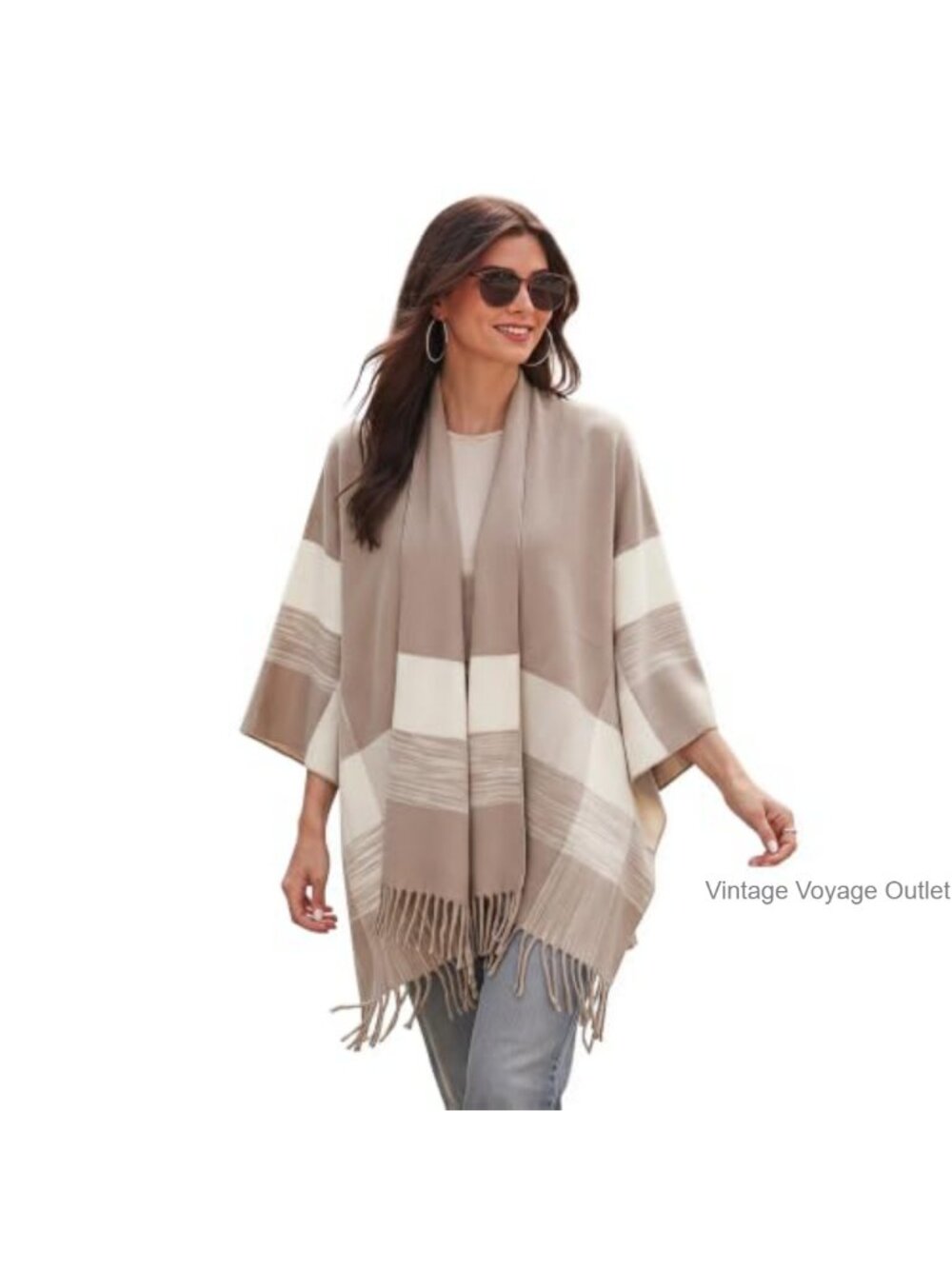 Oversized Open Front Poncho Cape Shawl Wrap with Tassel Fringe